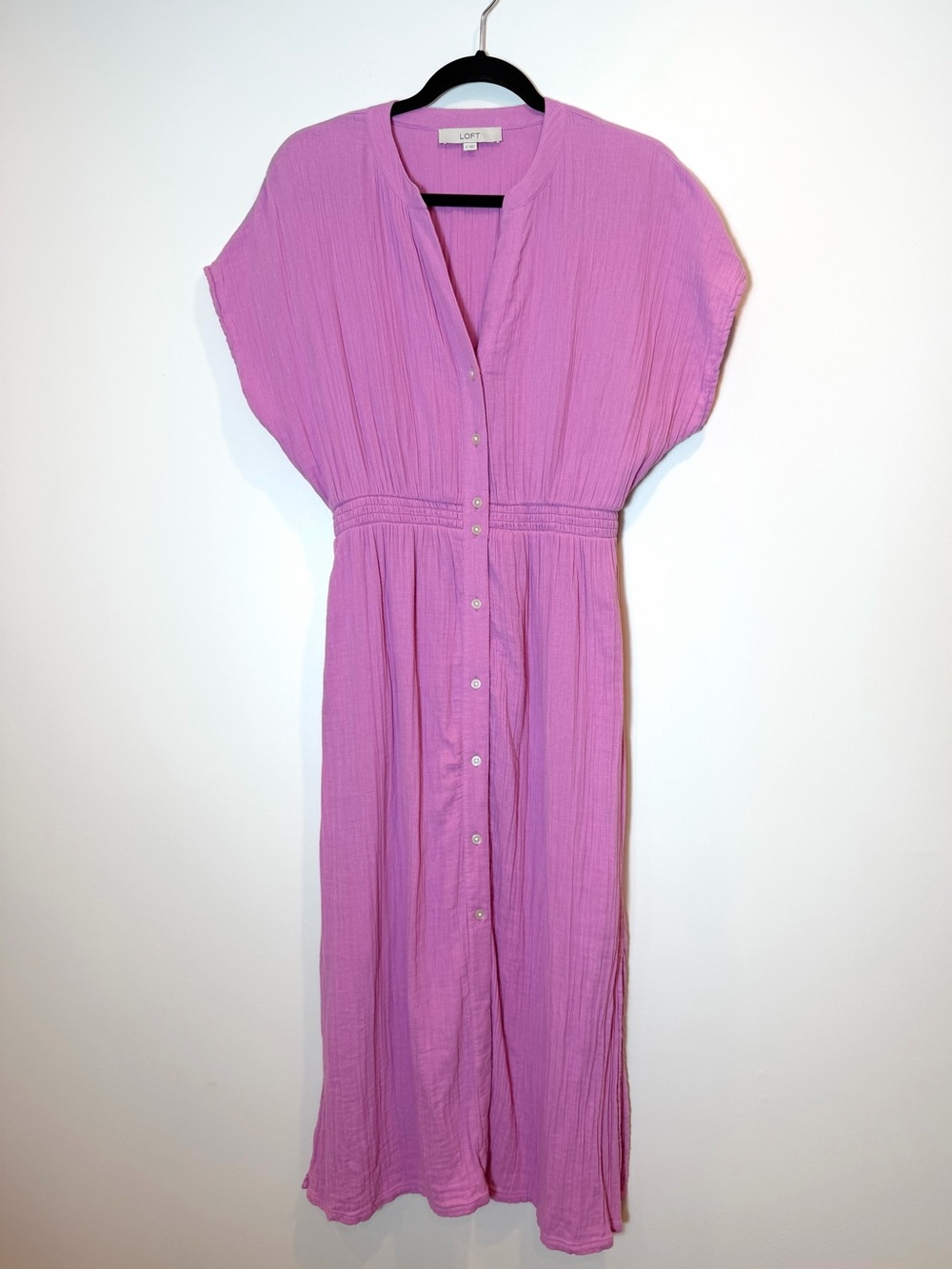 LOFT Pink 100% Cotton Orchid Pink Gauze Button Front Midi Shirt Dress Size Sm